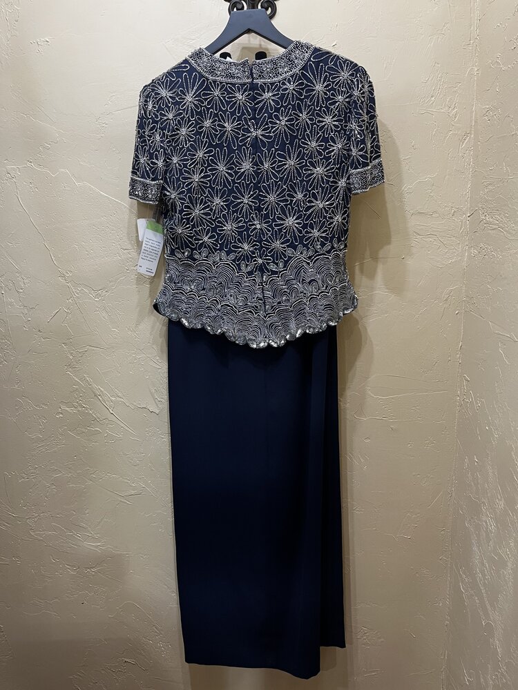 Papell Boutique Navy Beaded Top and Skirt, Size 8