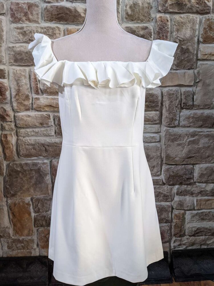 French Connection White Ruffle A-Line Dress, Size 12