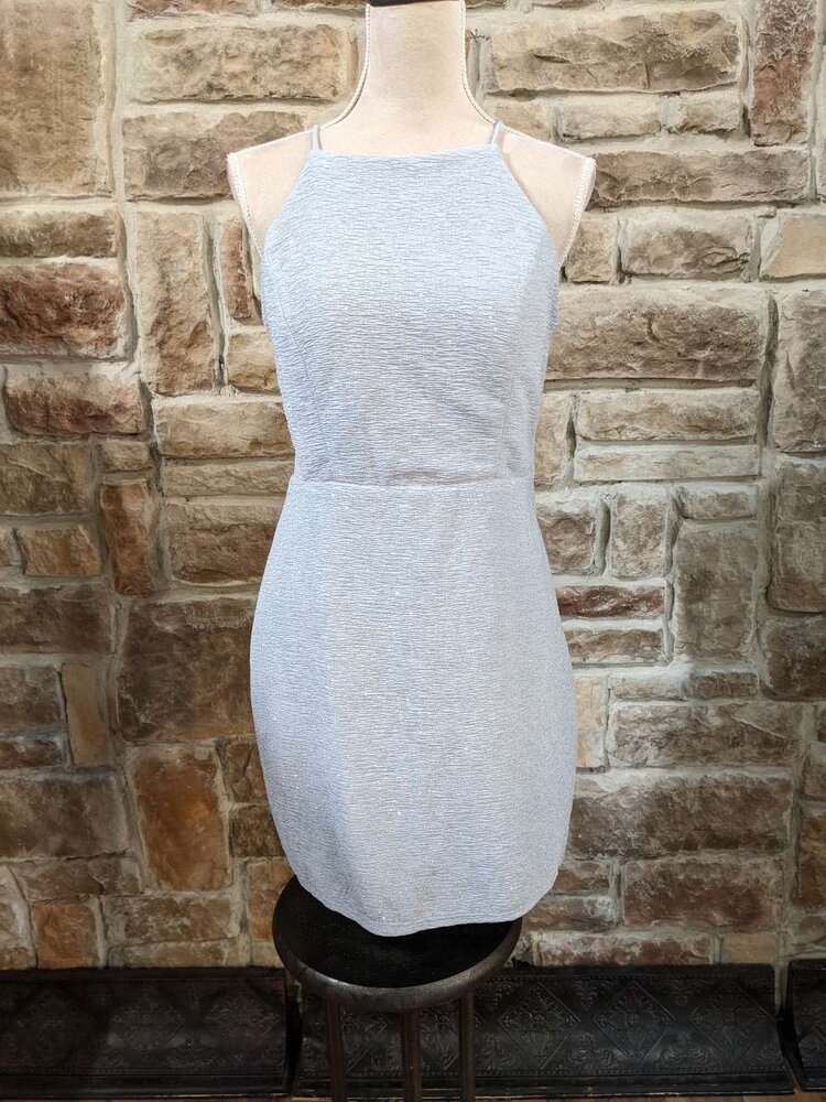 City Studio Light Blue with Gold Sparkle Halter Dress, Size