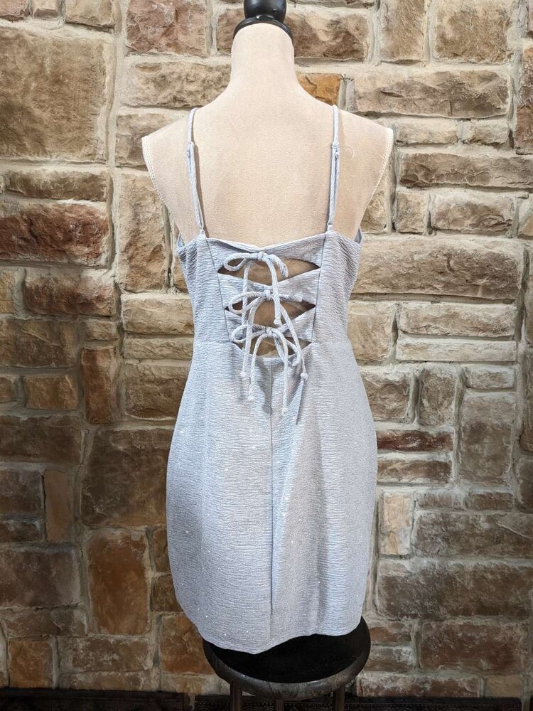 City Studio Light Blue with Gold Sparkle Halter Dress, Size