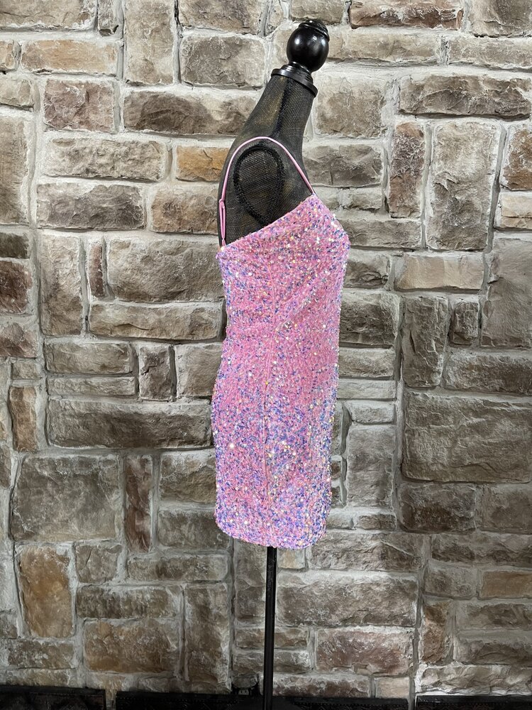 Velvi Bubble Gum Pink Sequin Bodycon Lined Dress,