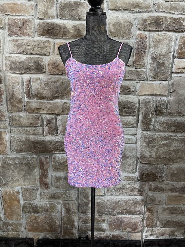 Velvi Bubble Gum Pink Sequin Bodycon Lined Dress,