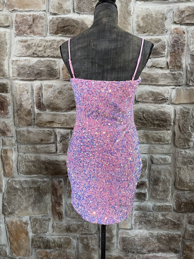 Velvi Bubble Gum Pink Sequin Bodycon Lined Dress,