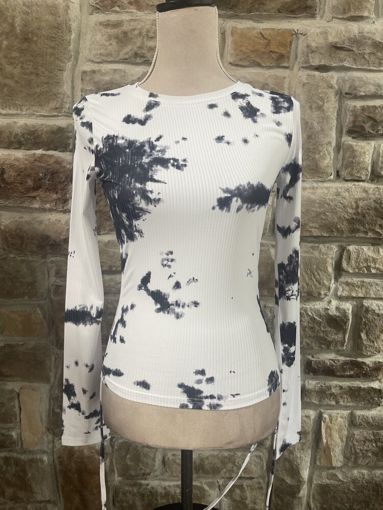 May Blue Slim Fit Ribbed Tie Dye Drawstring Top