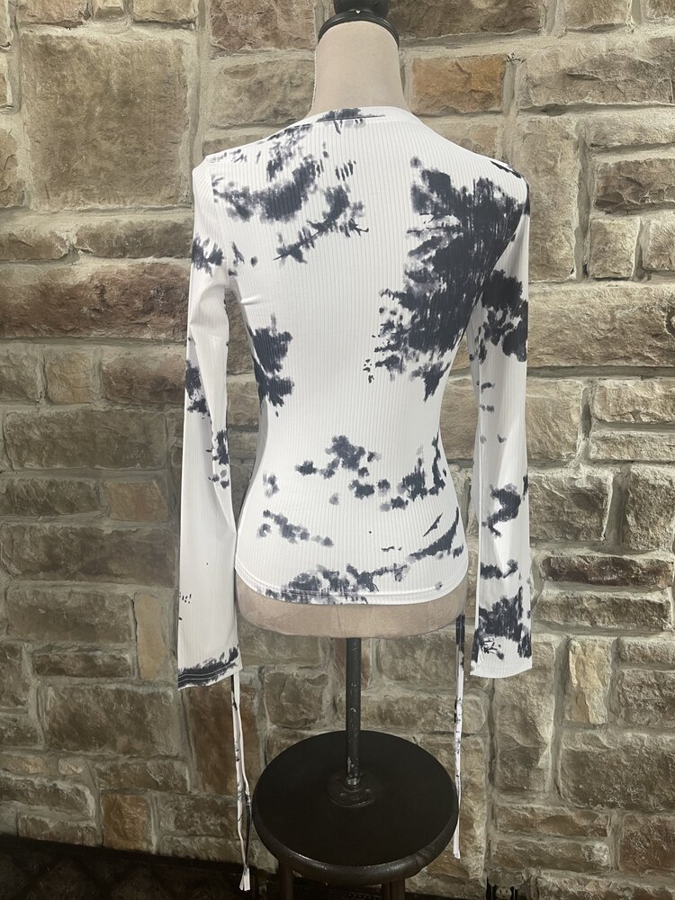 May Blue Slim Fit Ribbed Tie Dye Drawstring Top