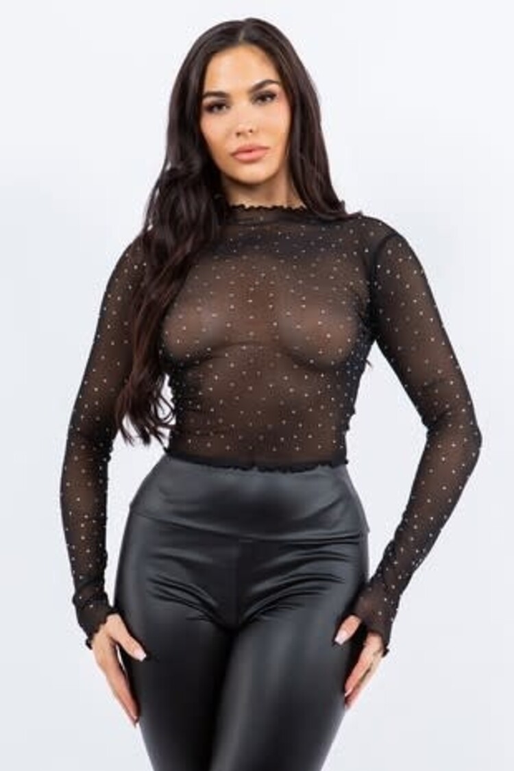 Black Sheer Mesh Crop Top With Rhinestones