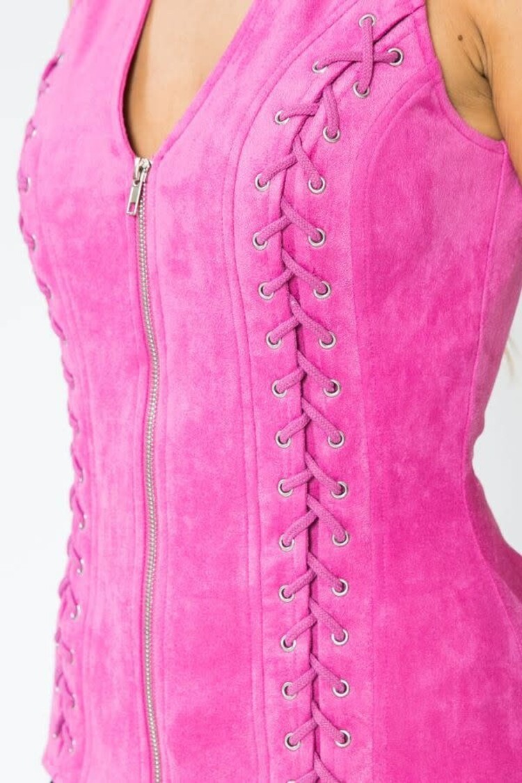 Lydia USA Fuchsia Suede Lace-Up Top w/ Cross Back