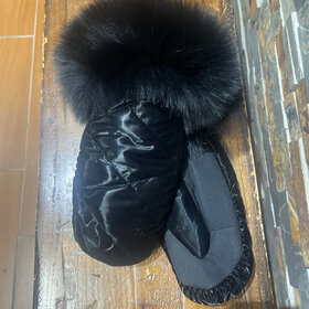 Black Nylon Mittens w/Black  Fox Trim , Size M/L