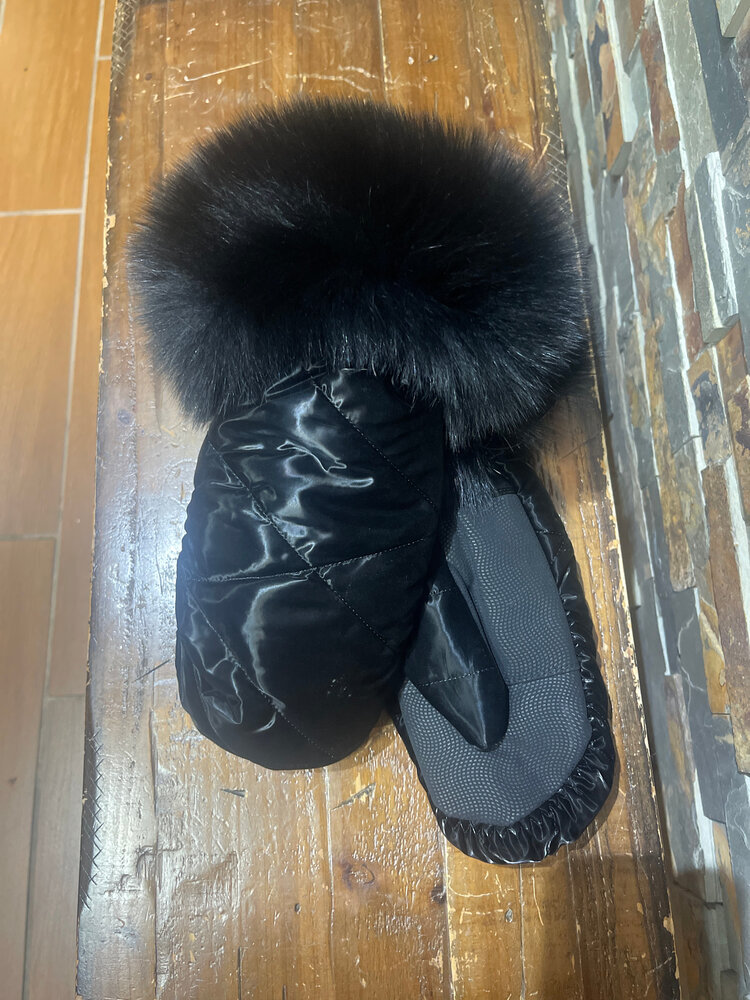 Black Nylon Mittens w/Black  Fox Trim , Size M/L