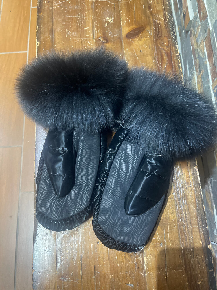 Black Nylon Mittens w/Black  Fox Trim , Size M/L