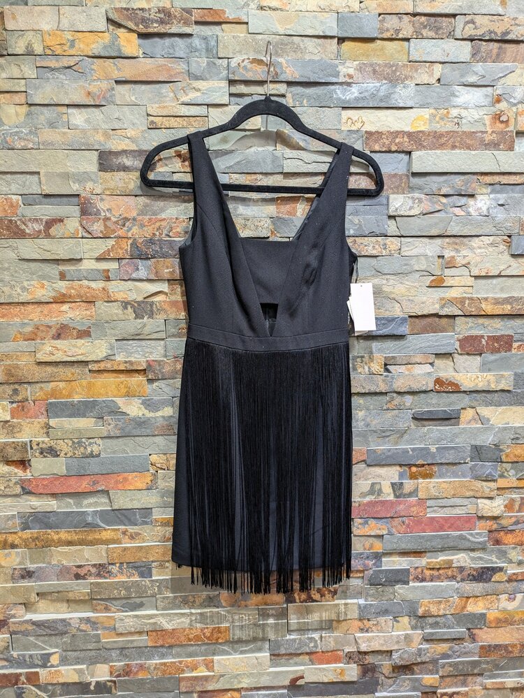 Aidan Mattox Black V-Neck Fringe Skirt Dress, Size 0