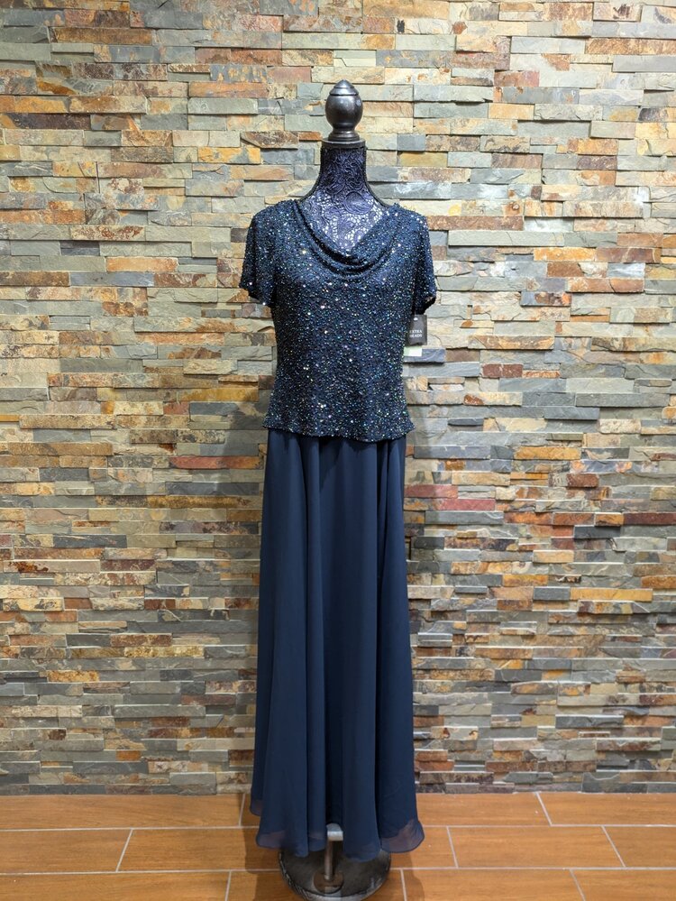 Jkara Navy Sequin Mock 2-Piece Gown, Size 12
