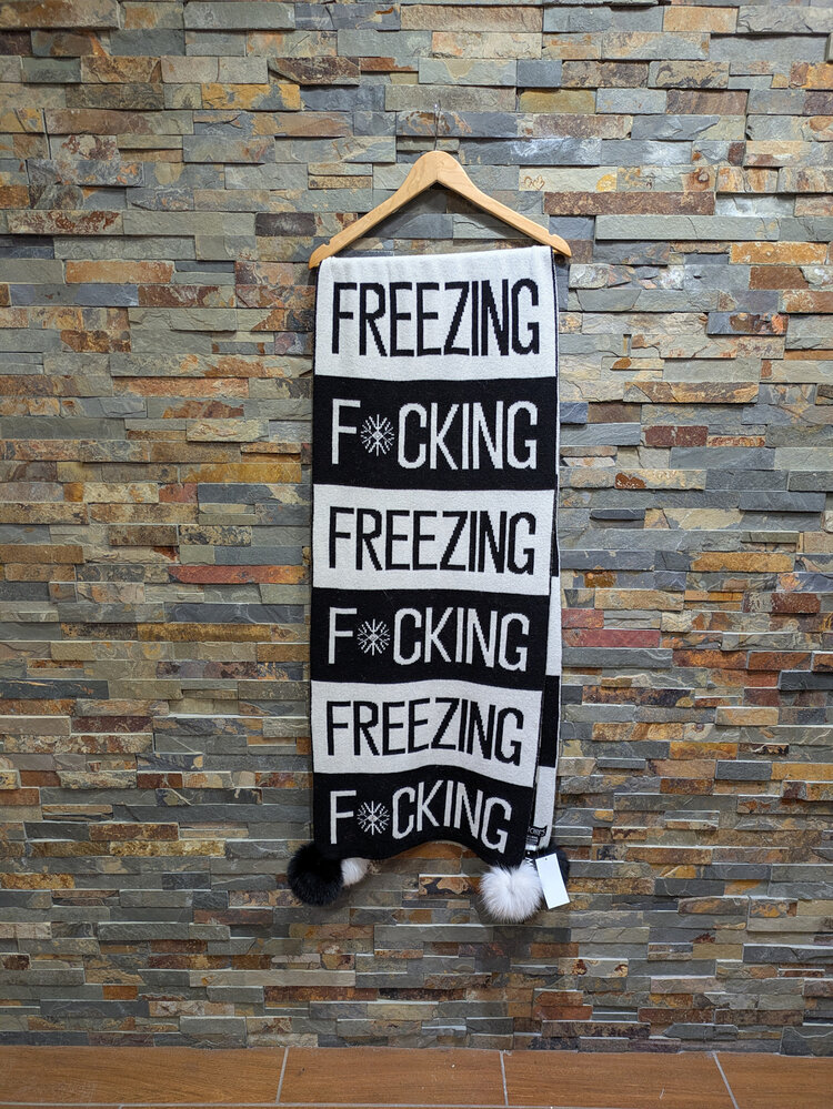 Black and White F*cking Freezing Knitted Oversize Scarf w/Black/White Fox Poms