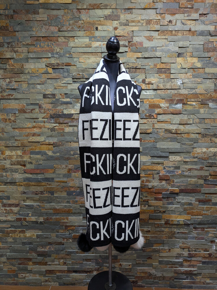 Black and White F*cking Freezing Knitted Oversize Scarf w/Black/White Fox Poms