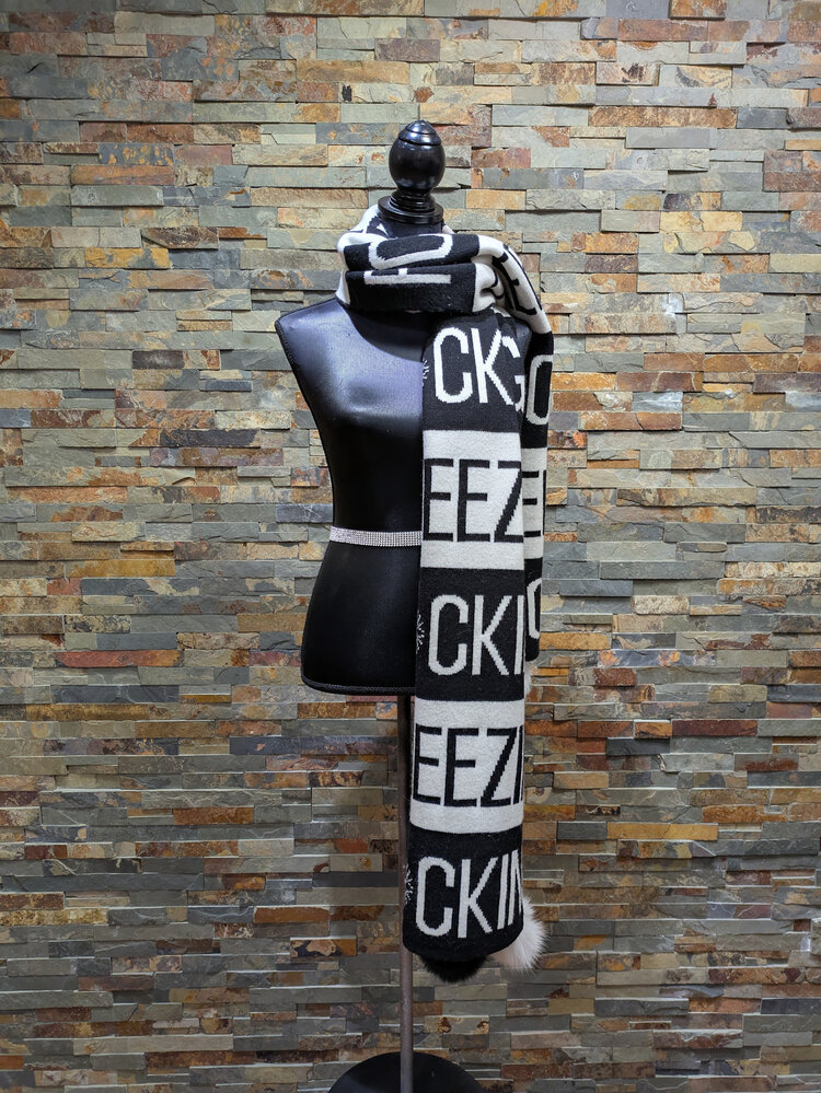 Black and White F*cking Freezing Knitted Oversize Scarf w/Black/White Fox Poms