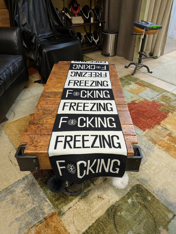 Black and White F*cking Freezing Knitted Oversize Scarf w/Black/White Fox Poms