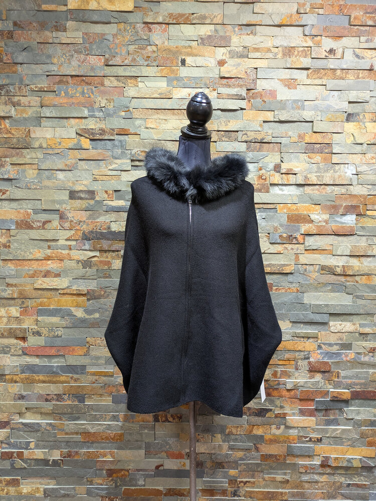 Black Zip Up Hoodie w/Fox Trimmed Hood, O/S