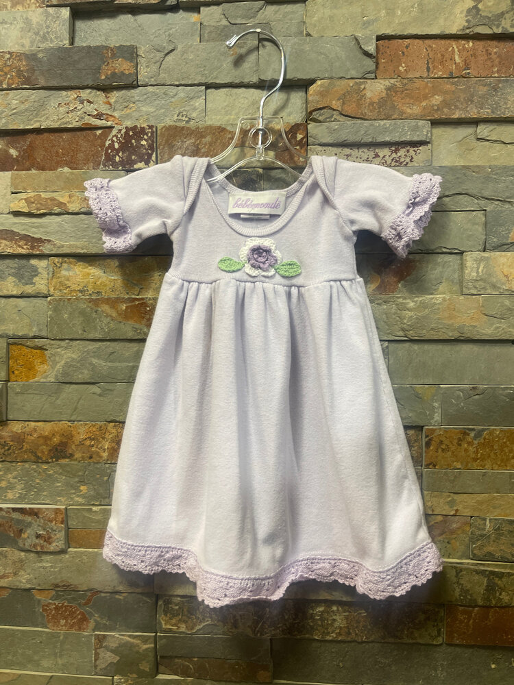 Lavender Cotton Dress with Crochet Trim and Flower, Size 3M