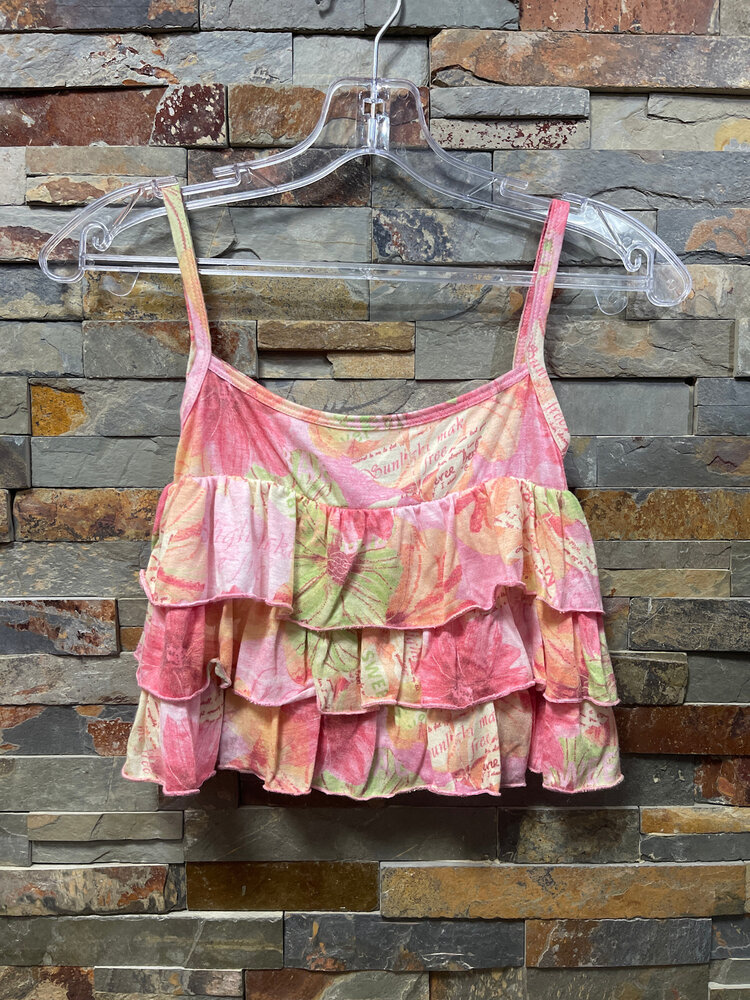 Pink Floral Print Ruffle Tank Top. Size XS (7-8)