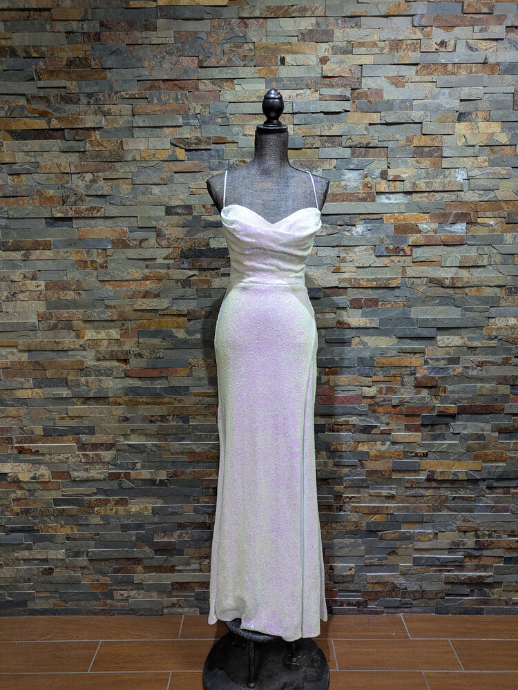 B. Darlin White Iridescent Sequin Gown, Size 3/4