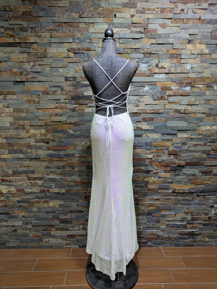 B. Darlin White Iridescent Sequin Gown, Size 3/4
