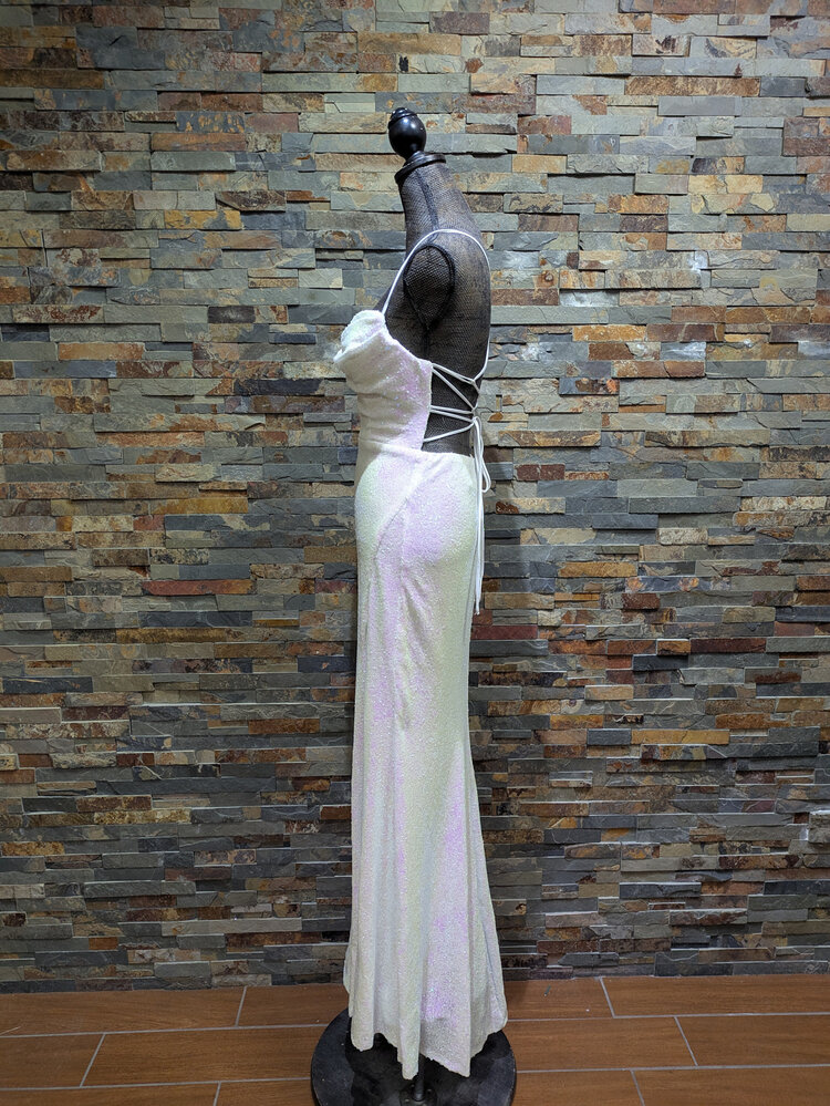 B. Darlin White Iridescent Sequin Gown, Size 3/4