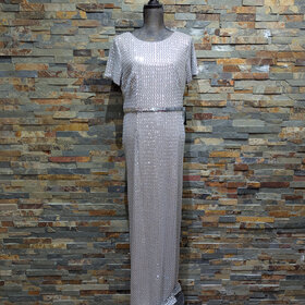 Adrianna Papell Silver Grey Sequin Gown with Sequin Belt Design, Size 18