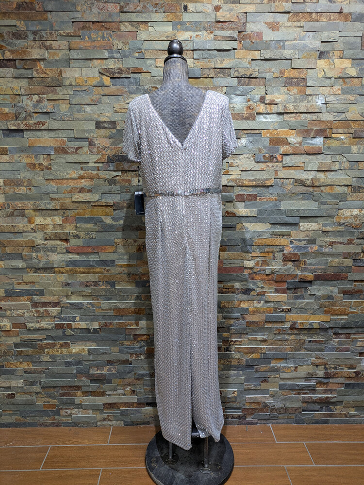 Adrianna Papell Silver Grey Sequin Gown with Sequin Belt Design, Size 18