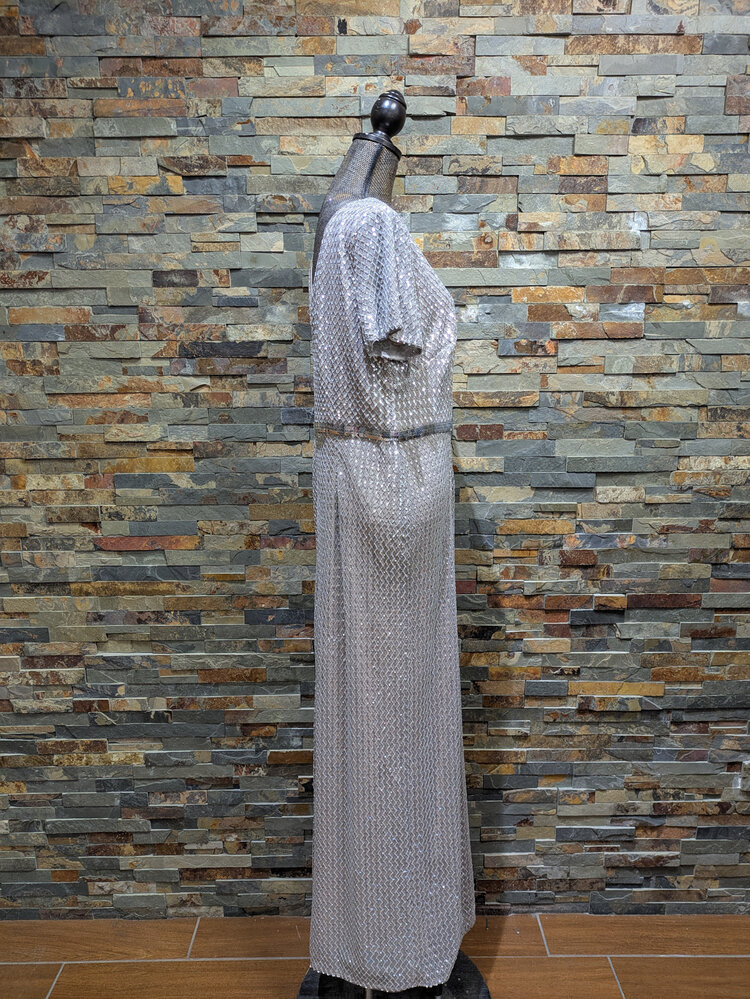 Adrianna Papell Silver Grey Sequin Gown with Sequin Belt Design, Size 18