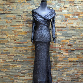 Donna Karan Navy Blue Long Sleeve Sequin Gown, Size 2