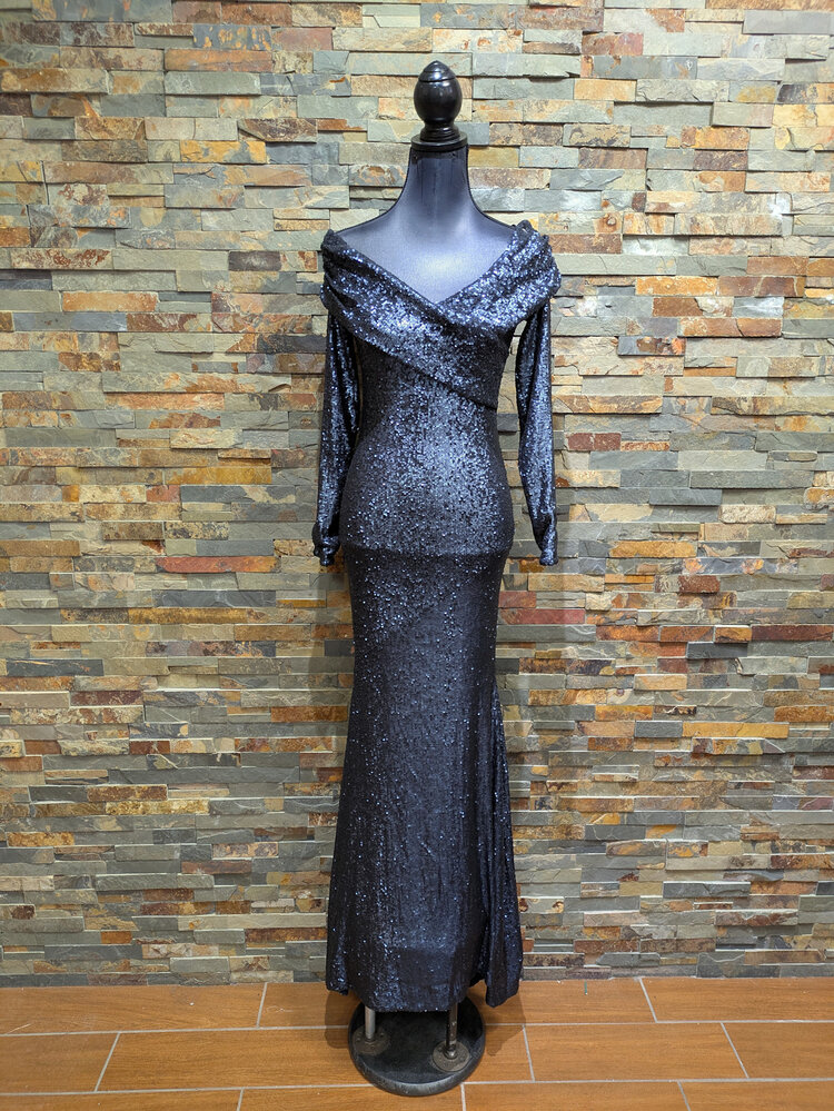 Donna Karan Navy Blue Long Sleeve Sequin Gown, Size 2