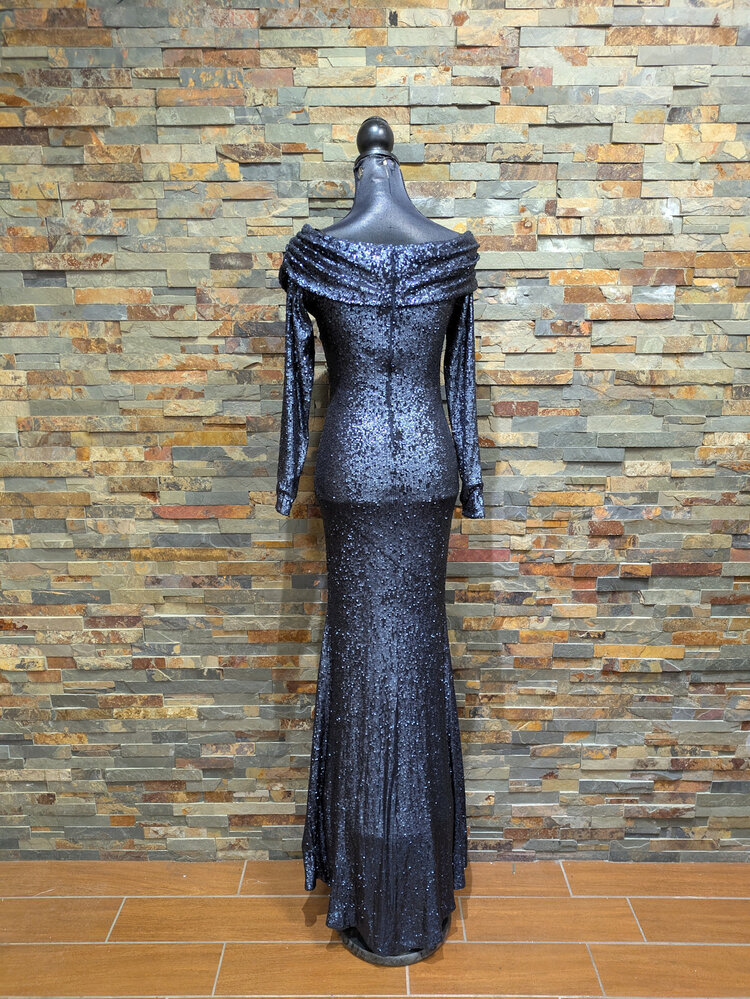 Donna Karan Navy Blue Long Sleeve Sequin Gown, Size 2