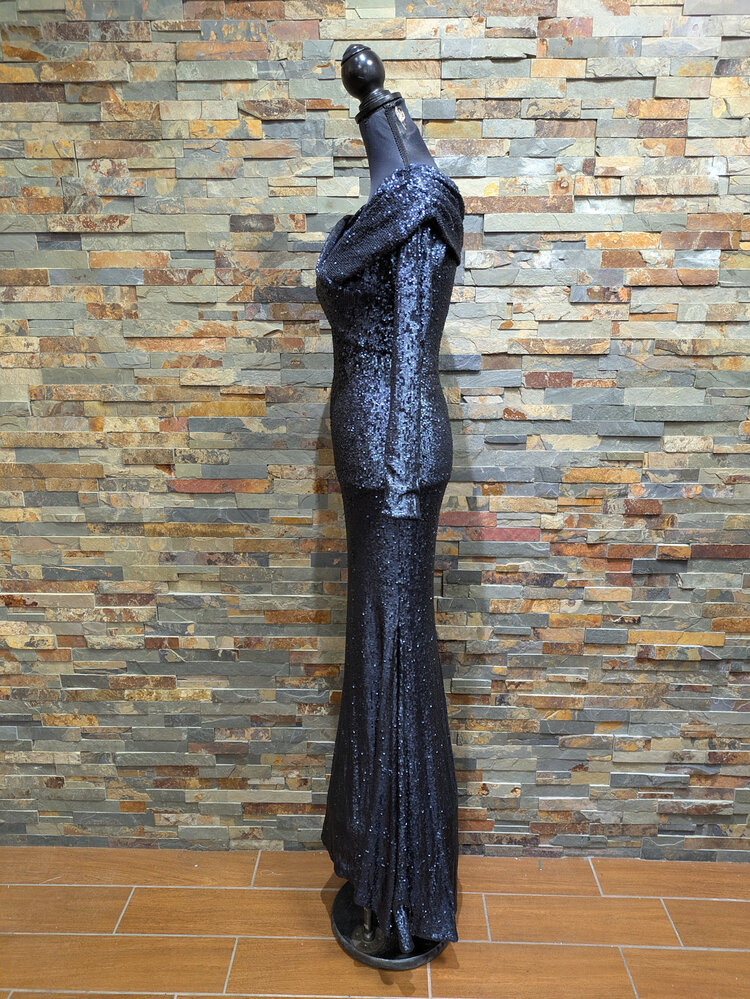 Donna Karan Navy Blue Long Sleeve Sequin Gown, Size 2