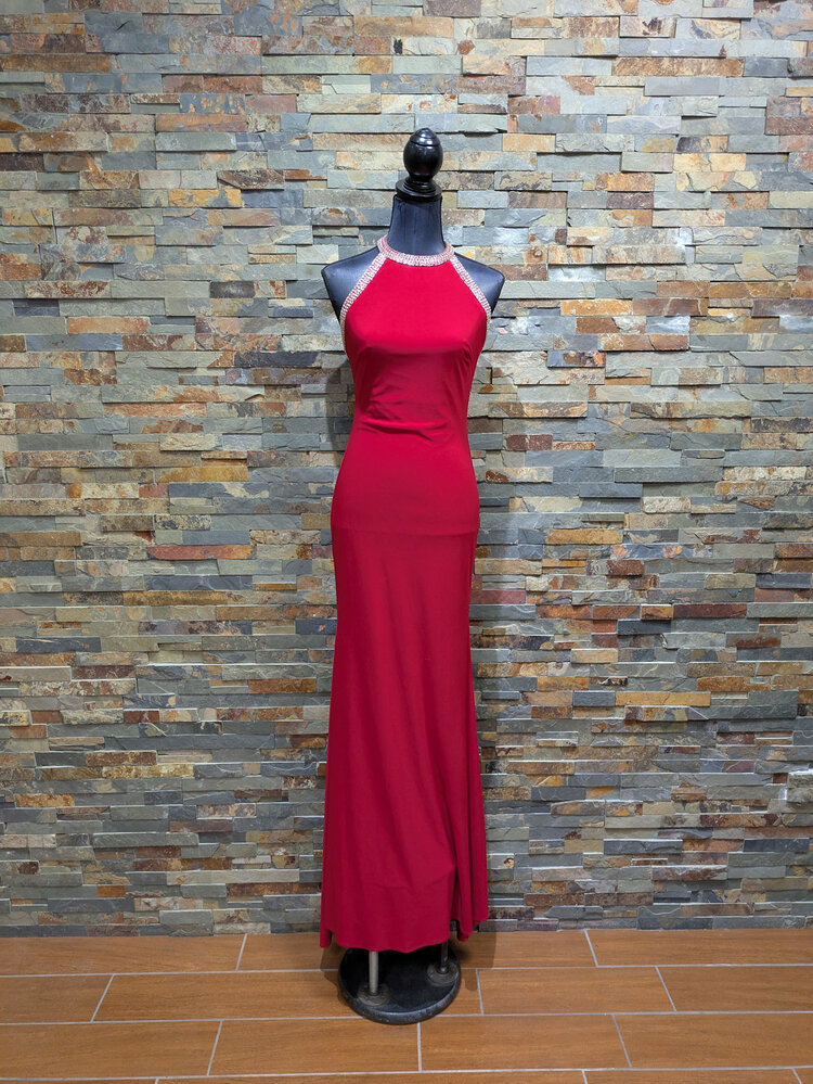 Mac Duggal Mac Duggal Red Gown with Sequin Halter Neck, Size 2