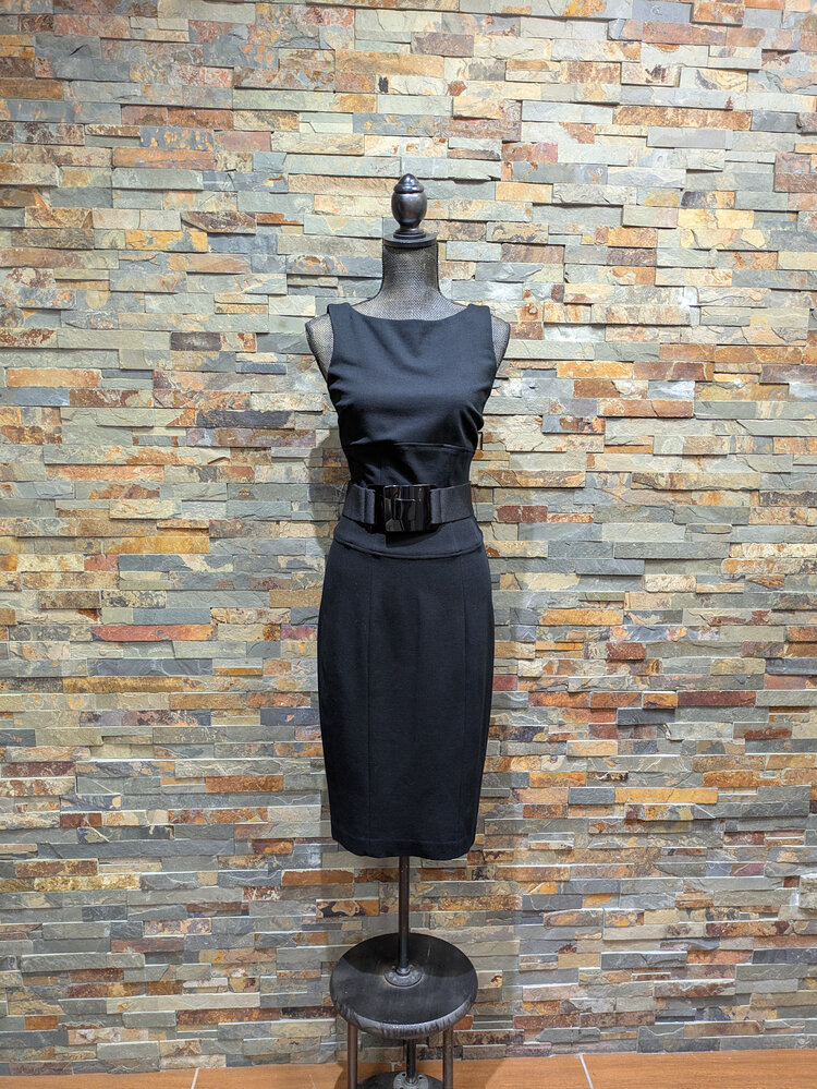 Caché Black Sheath Woman's Formal Dress with Belt, Size 8