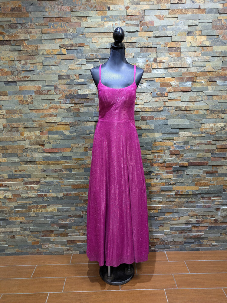 Morgan & Co. Deep Pink Sparkly Cross-Back Gown, Size 7