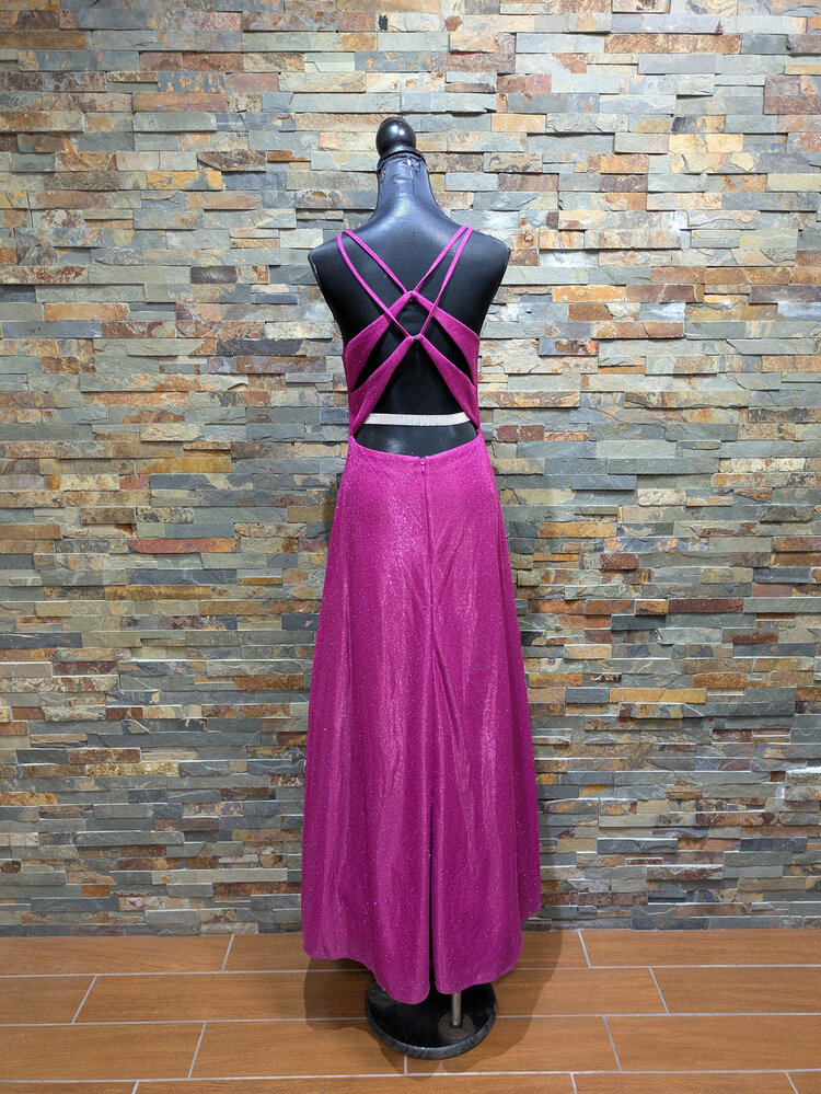 Morgan & Co. Deep Pink Sparkly Cross-Back Gown, Size 7