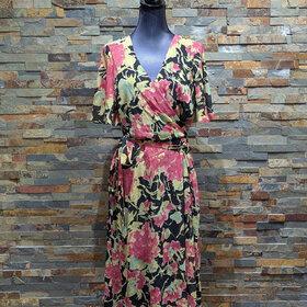 Ralph Lauren Black Floral Georgette Belted Flowy Dress, Size 16