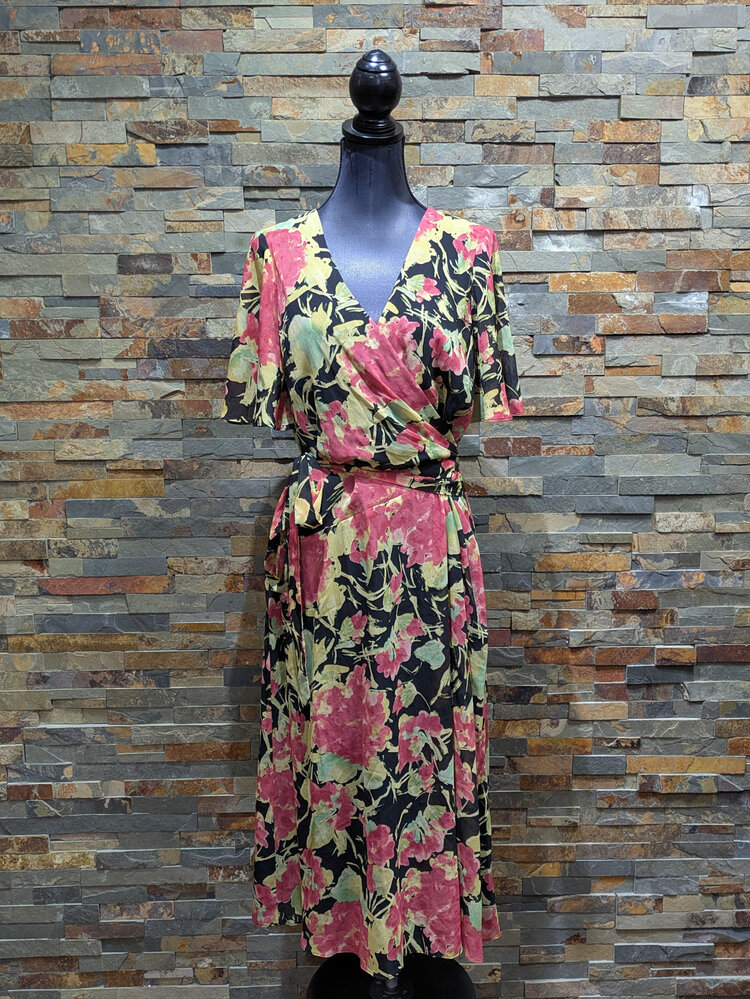 Ralph Lauren Black Floral Georgette Belted Flowy Dress, Size 16