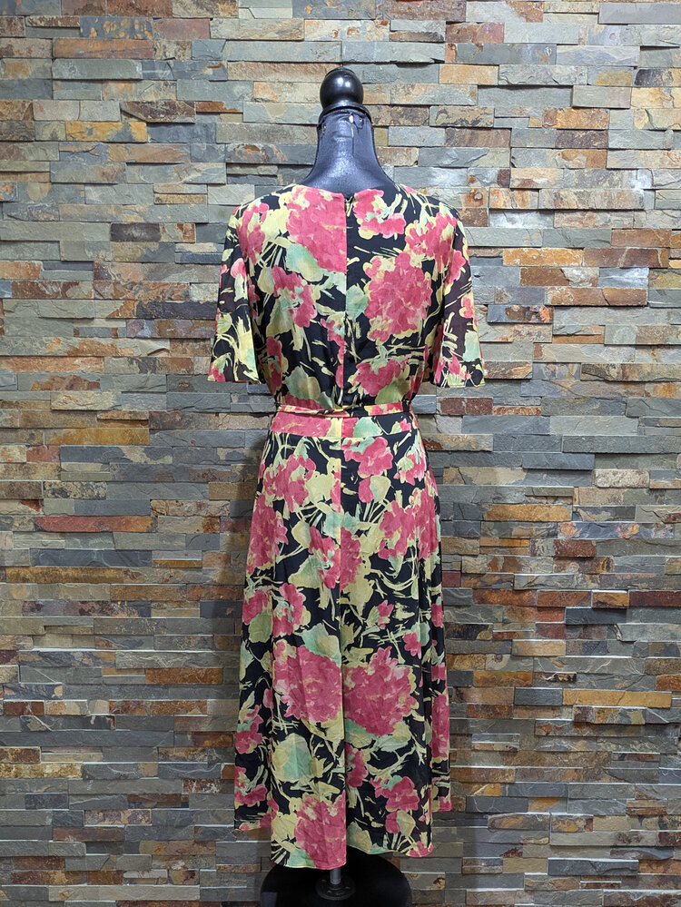 Ralph Lauren Black Floral Georgette Belted Flowy Dress, Size 16