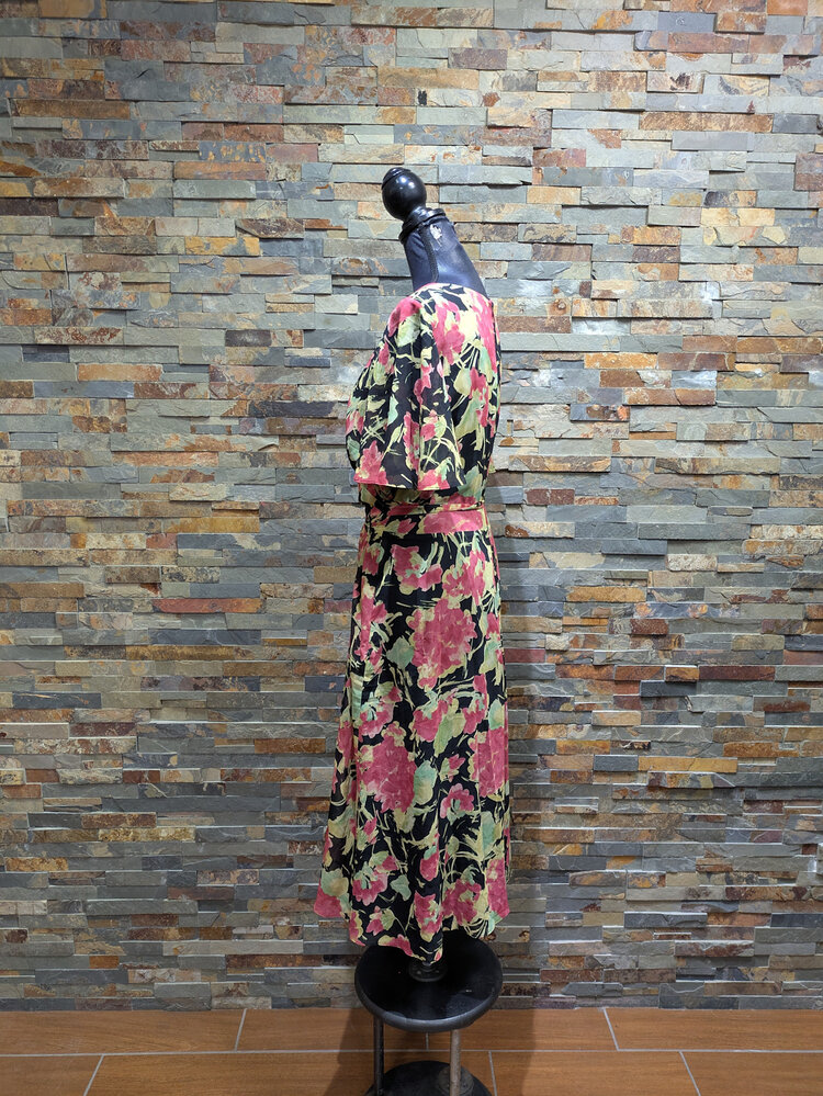 Ralph Lauren Black Floral Georgette Belted Flowy Dress, Size 16