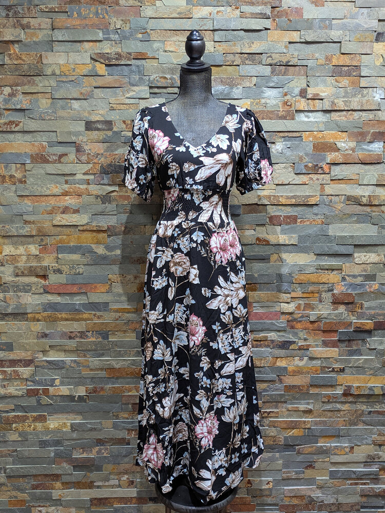 venus couture Black Maxi Floral Flowy Dress, Size S