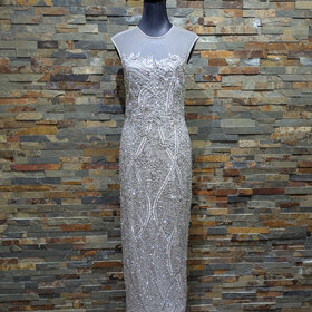 Aidan Mattox Silver Embellished Gown with Sheer Cap Sleeves, Size 8