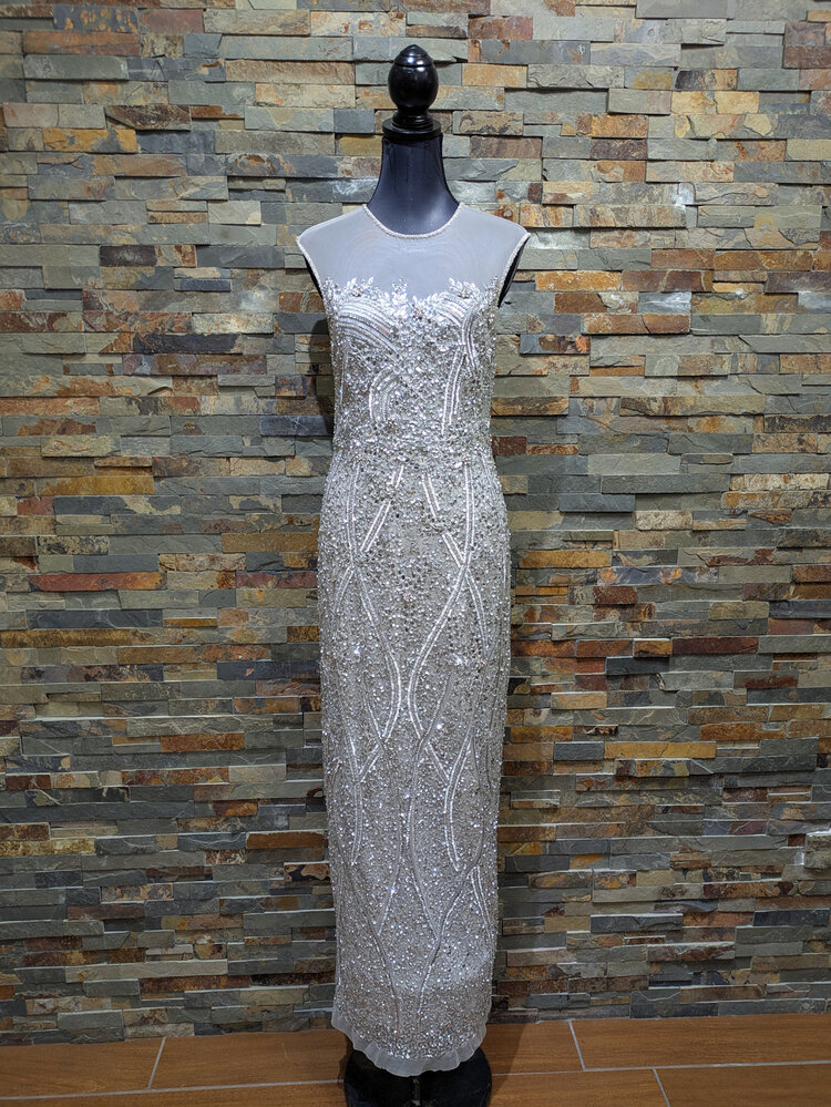 Aidan Mattox Silver Embellished Gown with Sheer Cap Sleeves, Size 8