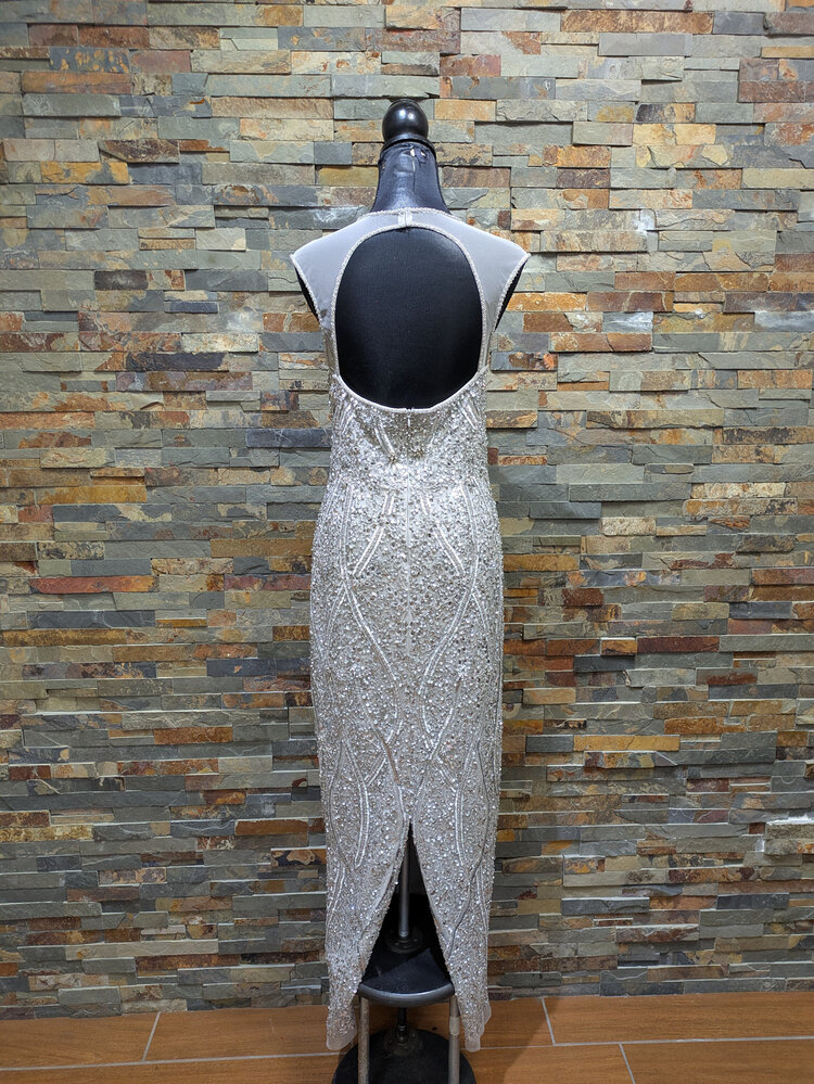 Aidan Mattox Silver Embellished Gown with Sheer Cap Sleeves, Size 8