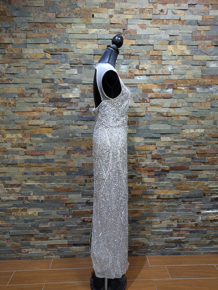 Aidan Mattox Silver Embellished Gown with Sheer Cap Sleeves, Size 8