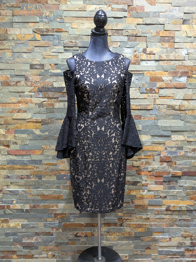 Xscape Black & Nude Long Sleeve Dress, Size 8