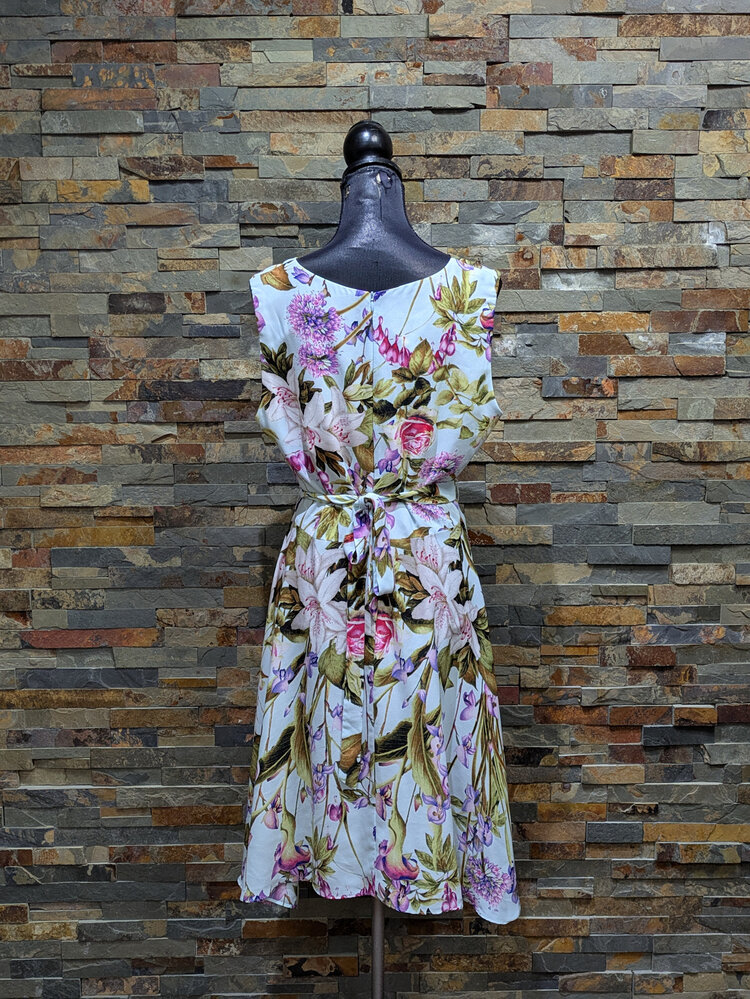 White Floral Fit & Flare Belted Dress, Size 16
