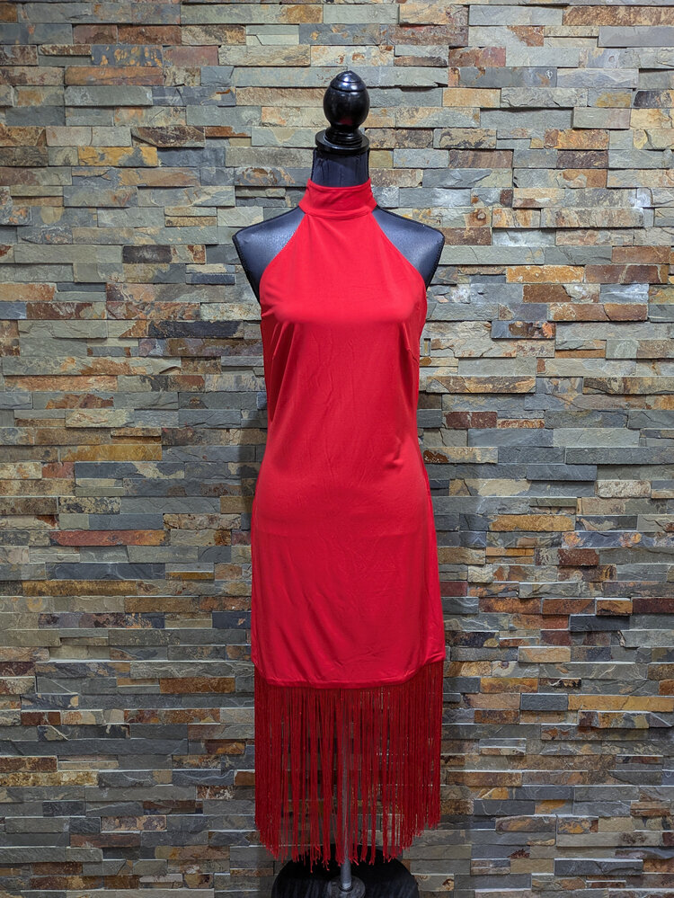 venus couture Fire Red Halter Top Fringe Dress, Size L