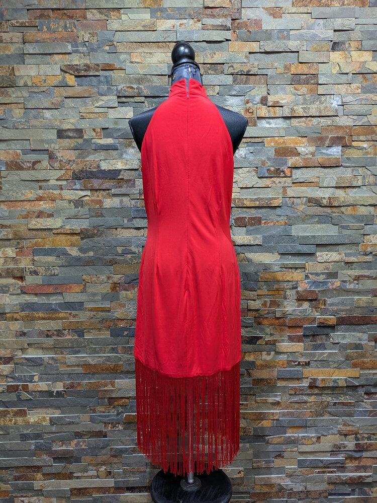 venus couture Fire Red Halter Top Fringe Dress, Size L